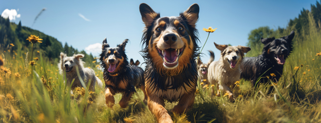 mehrere Hunde rennen über eine Wiese auf die Kamera zu